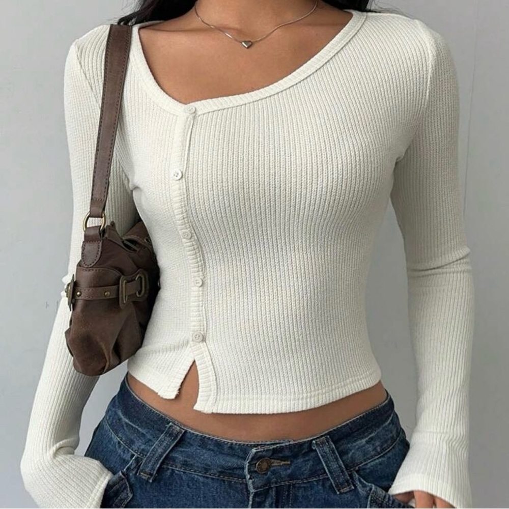 SHEIN Cream Ribbed Button-Up Crop Top